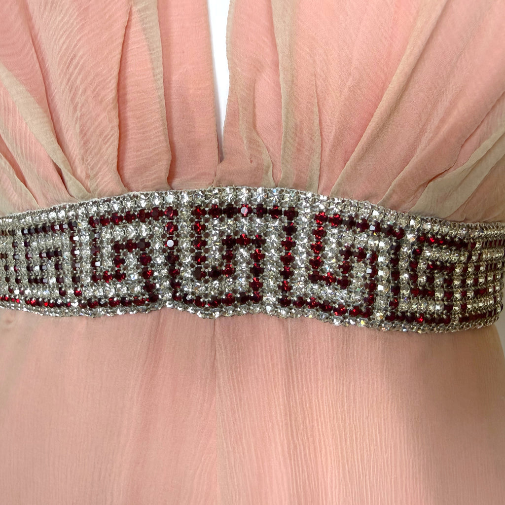 Rhinestone Greek key waistband detail on vintage couture gown