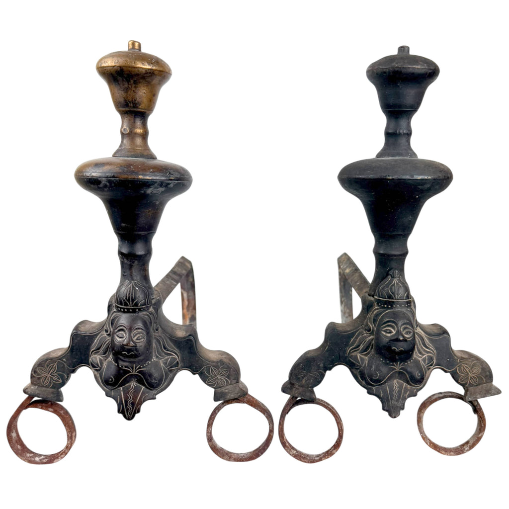 Antique French Andirons Marmouset Chenets Bronze & Iron Louis XIV Fireplace Firedogs 17th-18th c