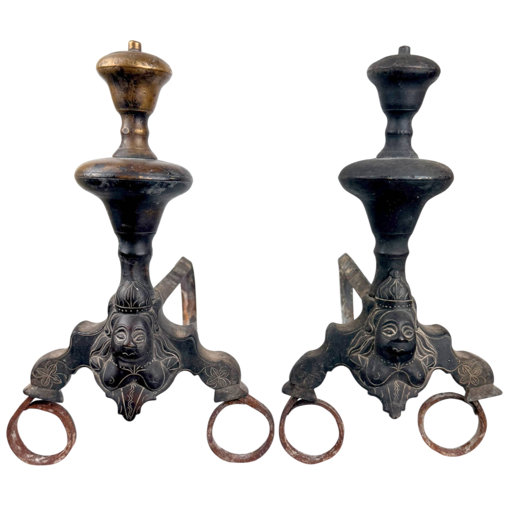 Antique French Andirons Marmouset Chenets Bronze & Iron Louis XIV Fireplace Firedogs 17th-18th c