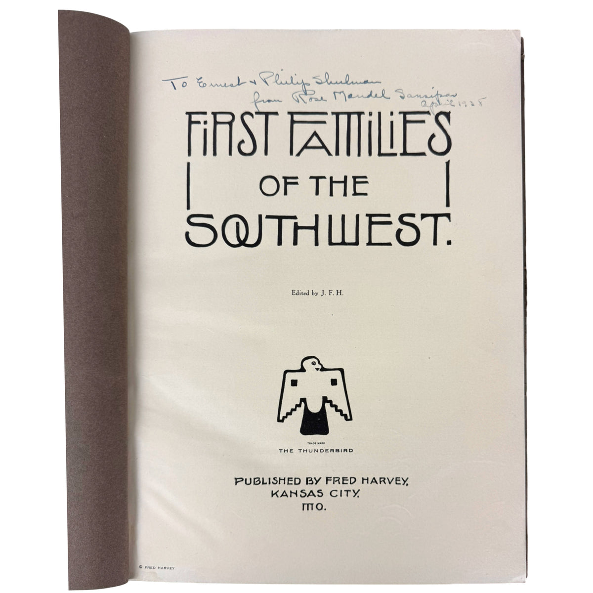 First Families of the Southwest 1913 Fred Harvey title page with 1938 inscription