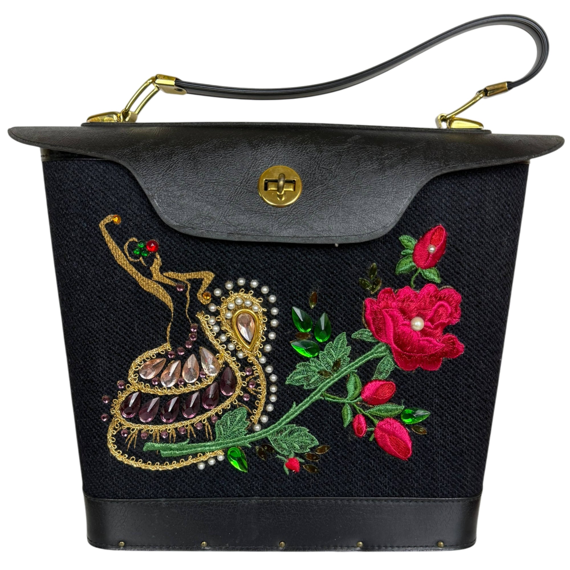 Vintage 1960s Jewel Tone flamenco dancer handbag with embroidered red roses