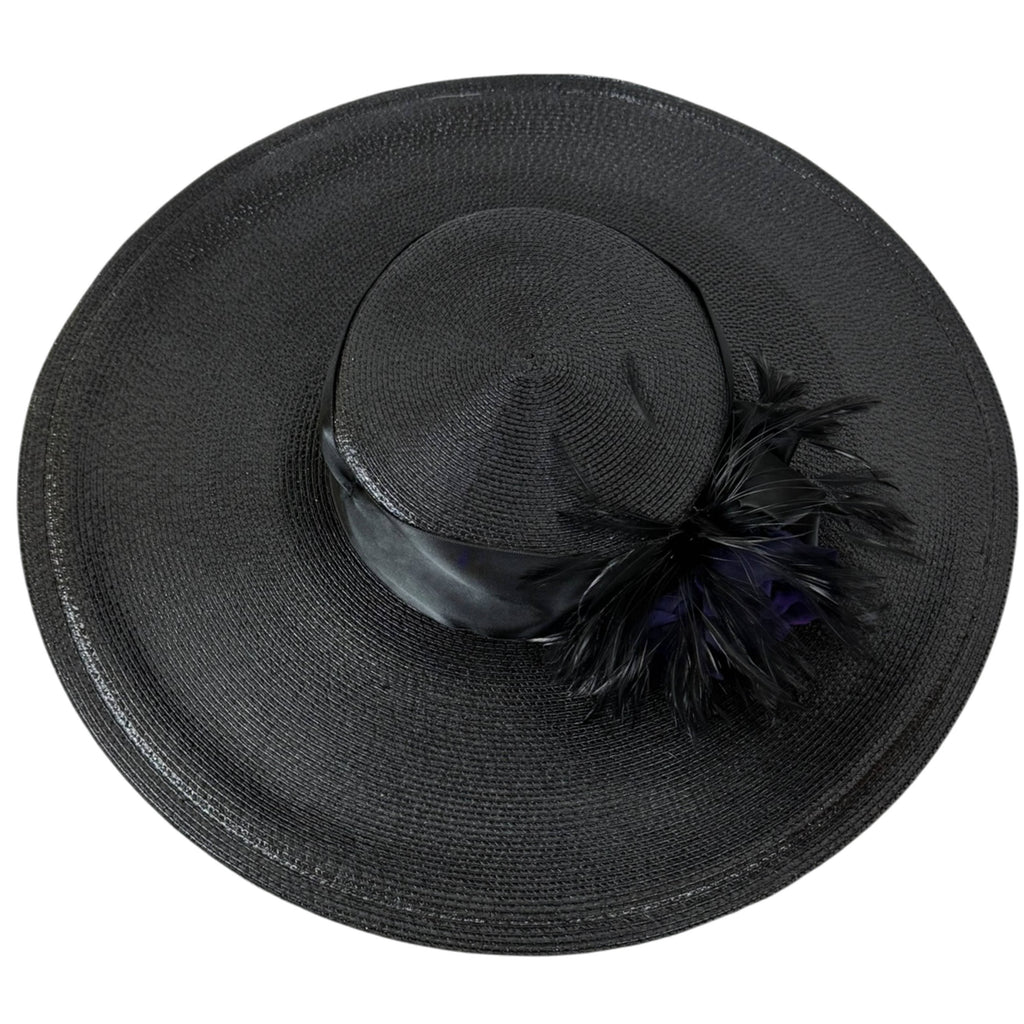 top view of vintage Wide Brim Hat Fleur de Paris New Orleans Black Milan Straw