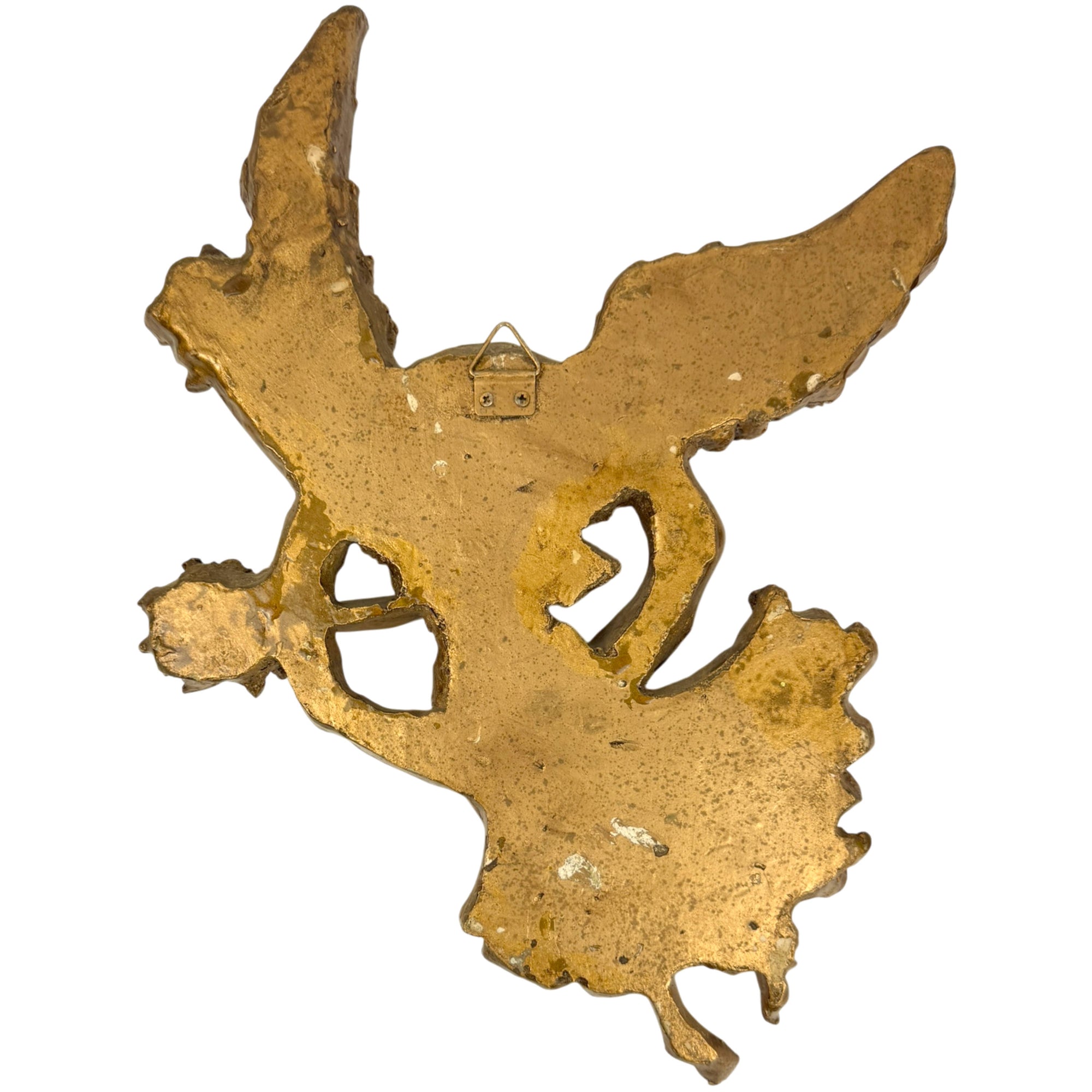 Back of vintage gilt angel wall plaque with hanger