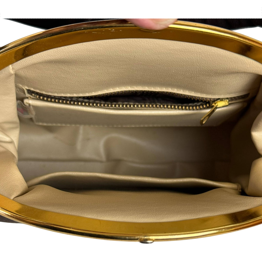 Vintage 1950s Suede Leather Handbag with Gold Frame Frank Hatch