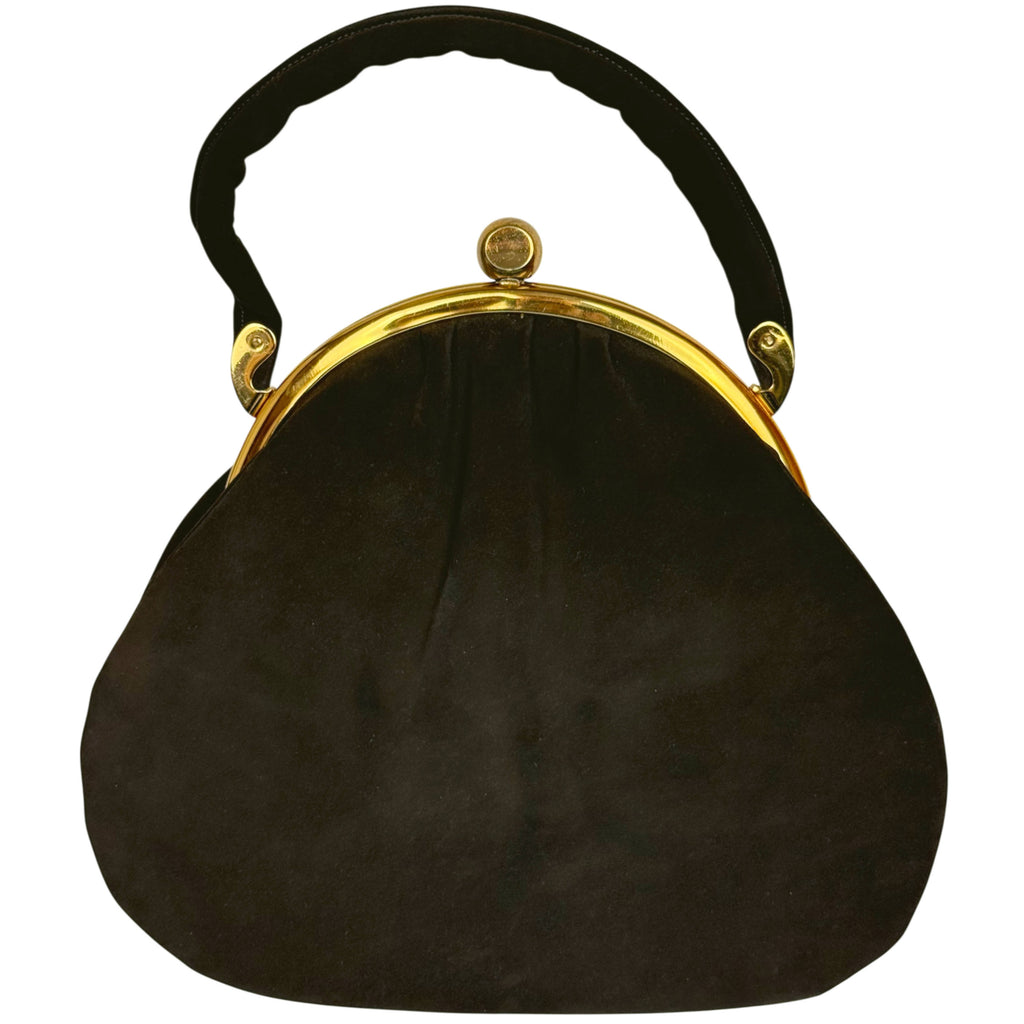 Vintage 1950s Suede Leather Handbag with Gold Frame Frank Hatch