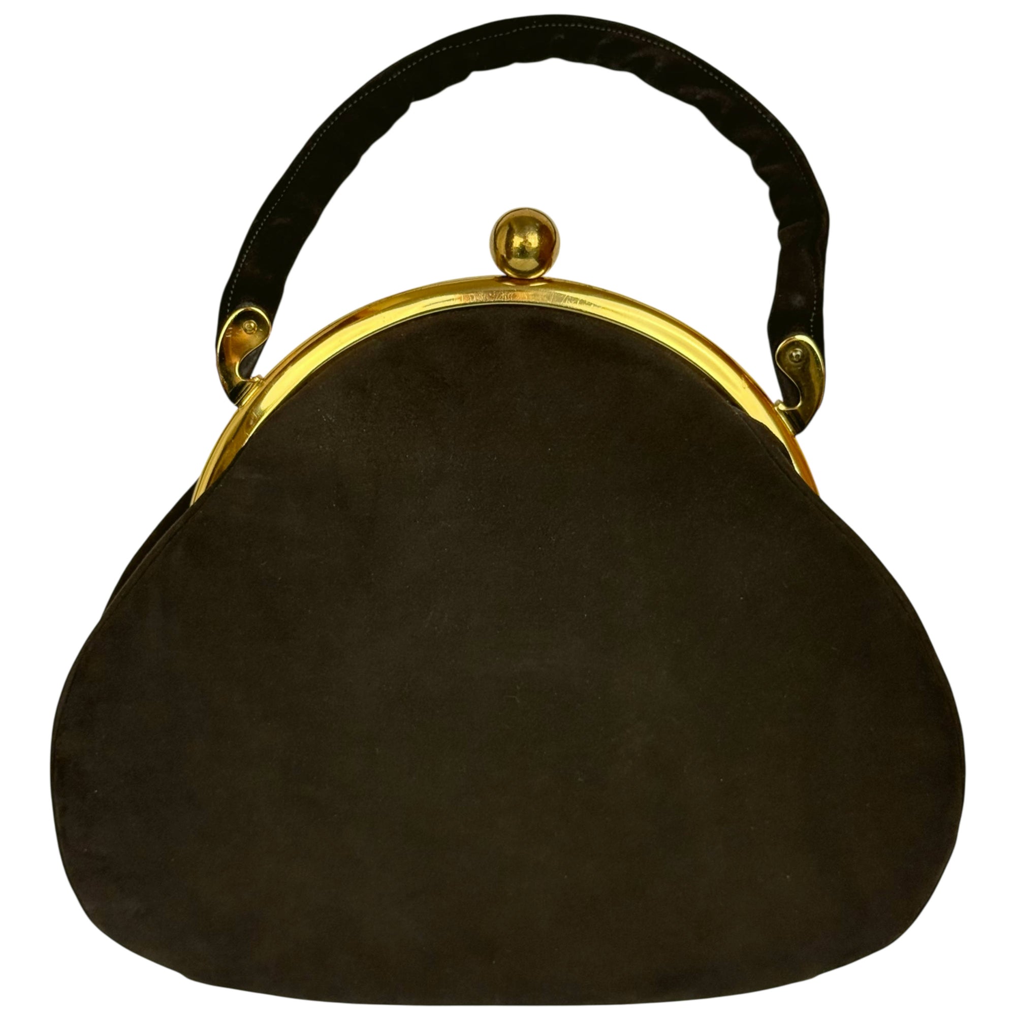 Vintage 1950s Suede Leather Handbag with Gold Frame Frank Hatch