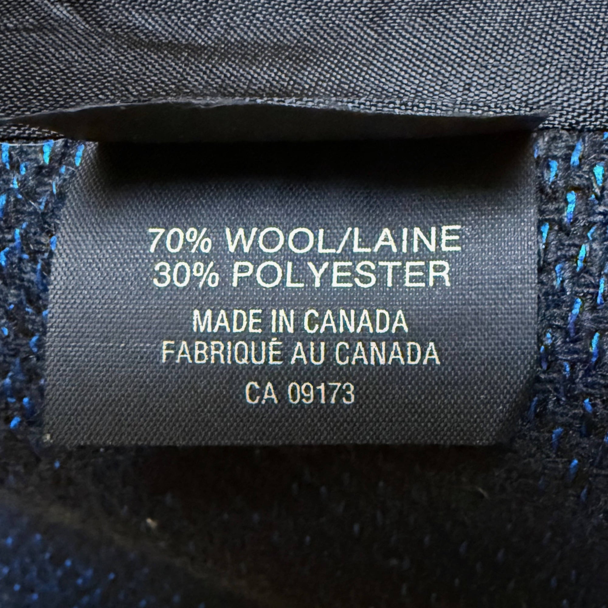 70% wool 30% polyester Made in Canada label