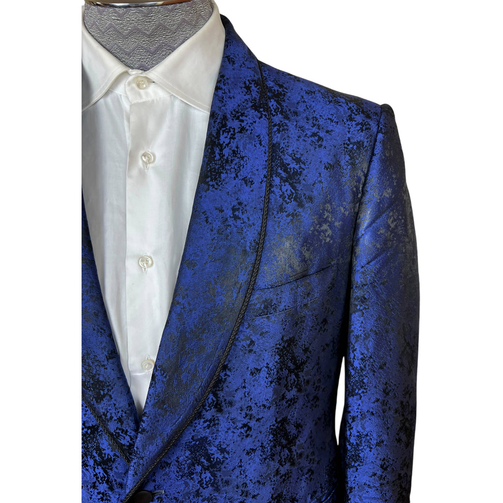 1960s Vintage Tuxedo Jacket Shiny Blue Brocade Size M