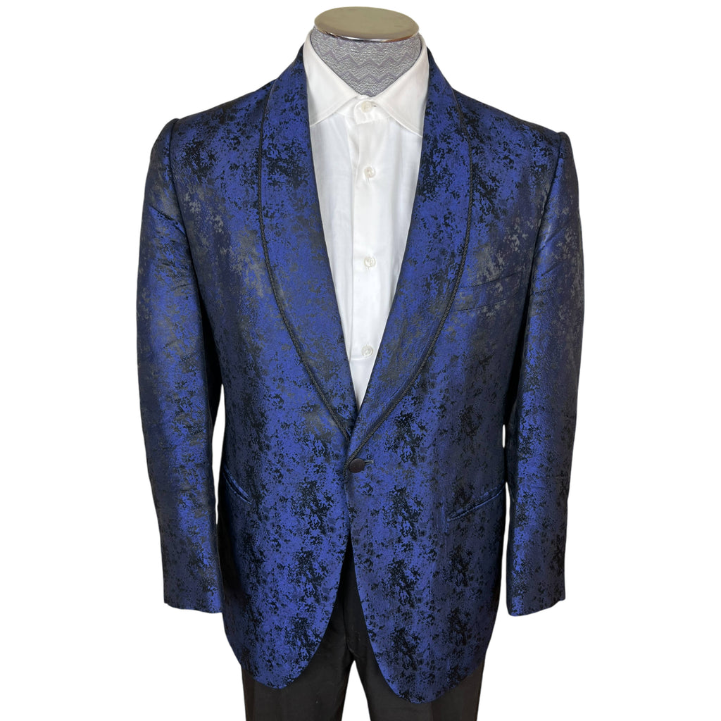 1960s Vintage Tuxedo Jacket Shiny Blue Brocade Size M
