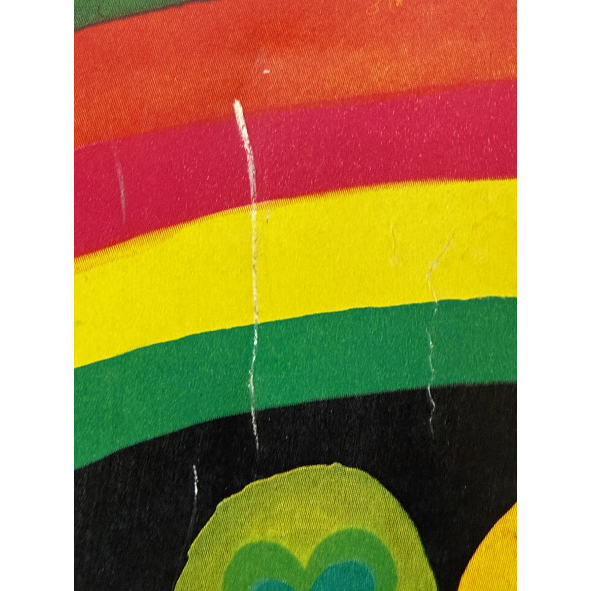 Surface scratches on rainbow of vintage Gallery Five Toytown print