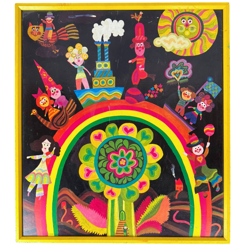 Vintage circa 1970 Gallery Five Toytown lithographic print in yellow frame