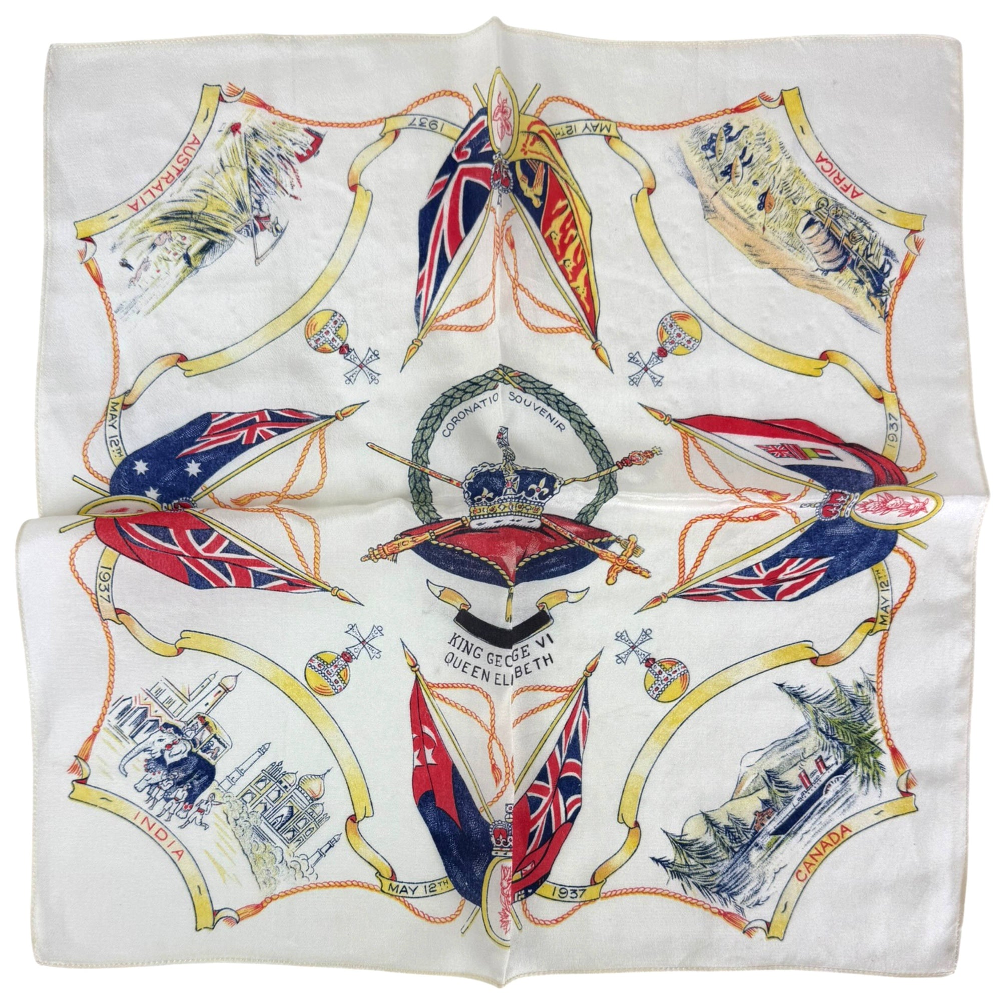 Vintage 1937 King George VI Coronation Souvenir Silk Handkerchief British Empire
