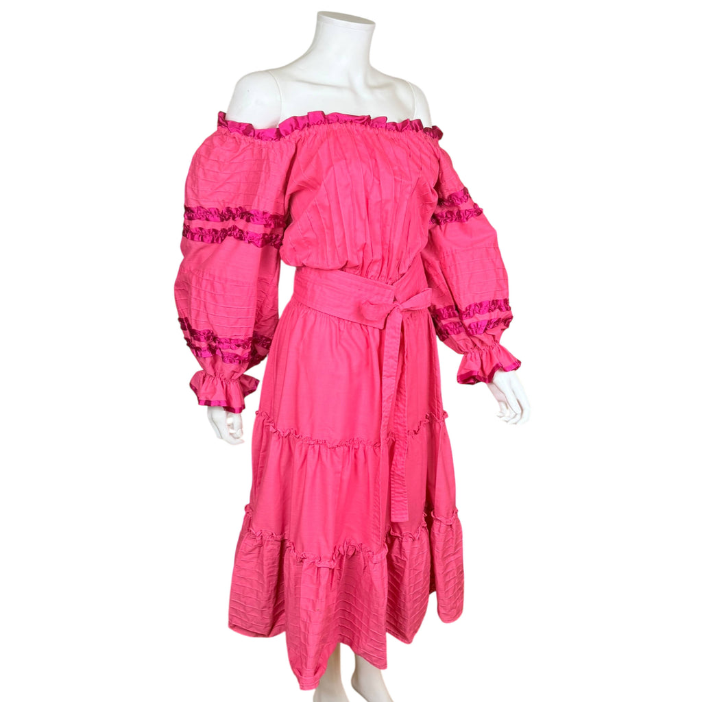 Georgia Charuhas pink off shoulder dress right side view