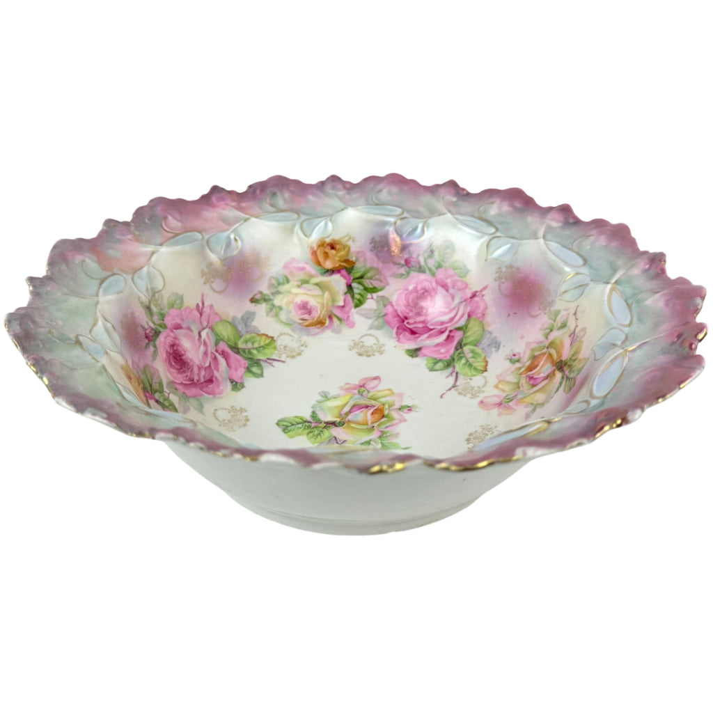 Antique Porcelain Bowl w Roses & Iridescence Germany c 1900