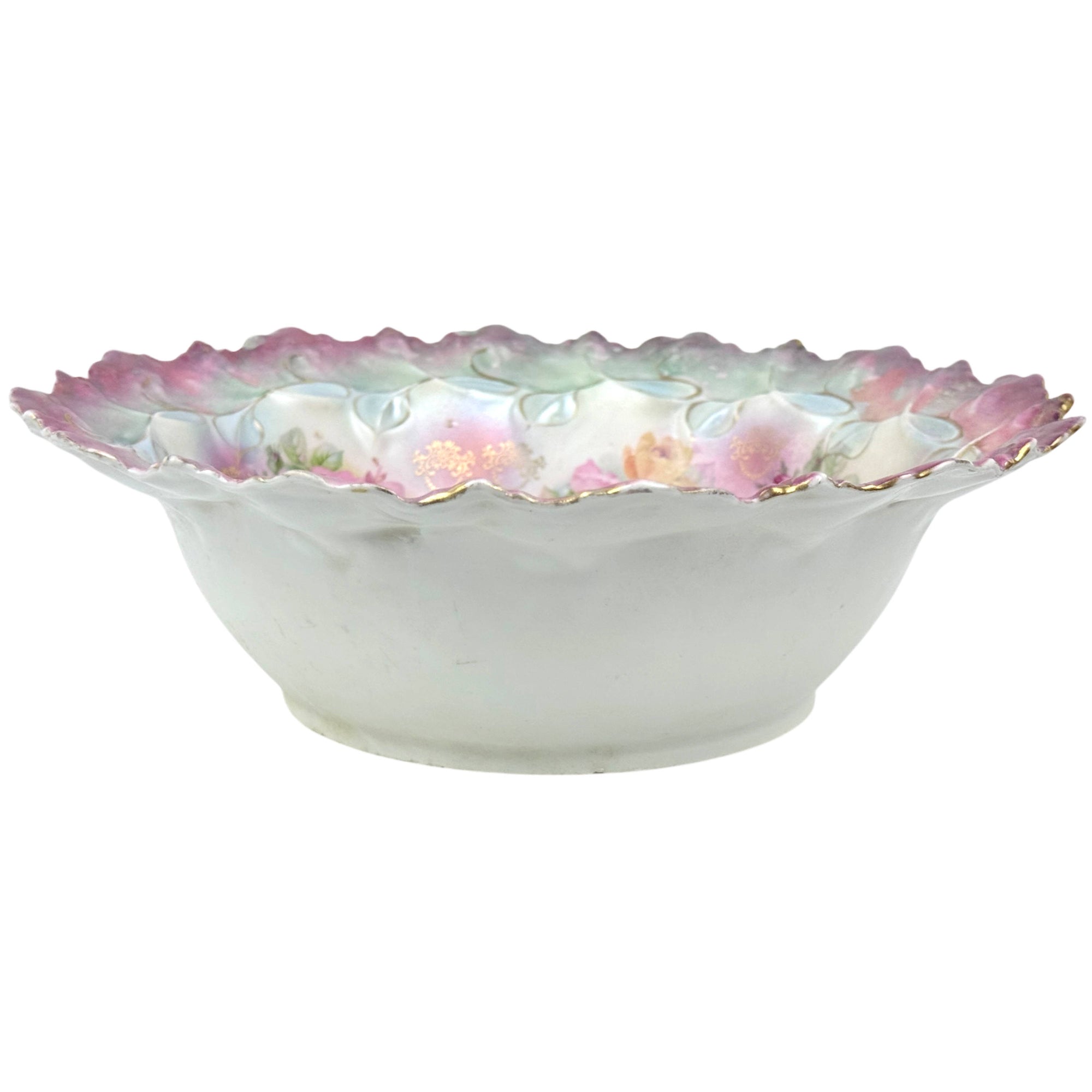Antique Porcelain Bowl w Roses & Iridescence Germany c 1900