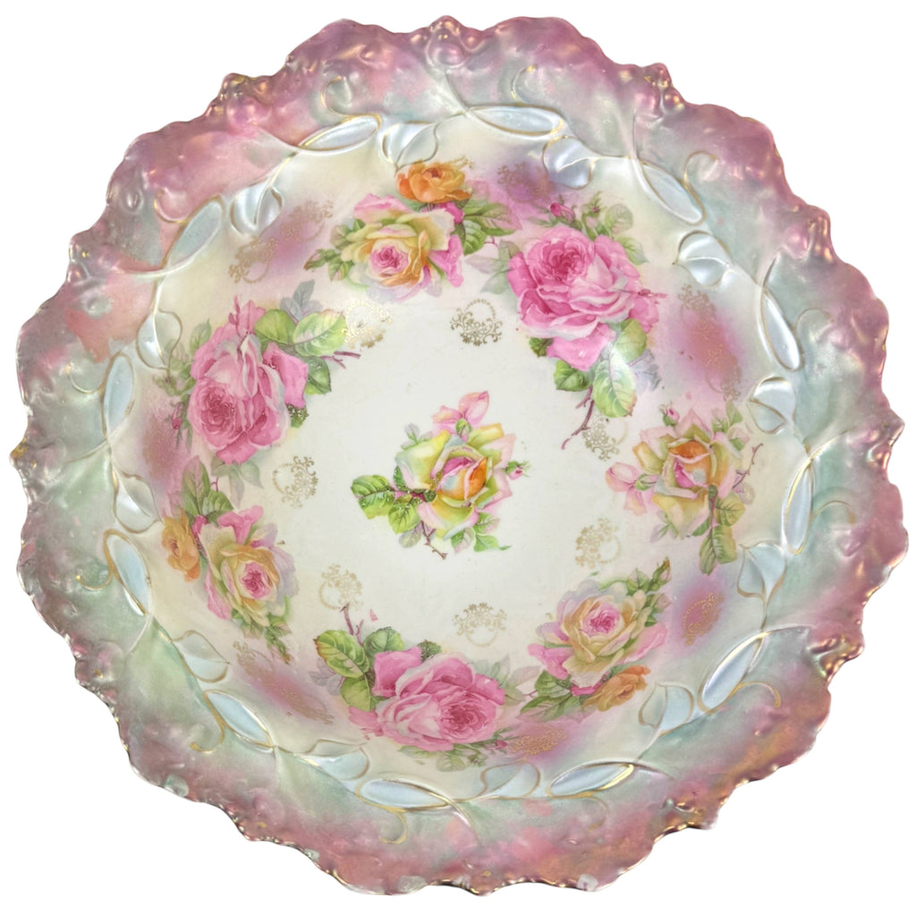 Antique Porcelain Bowl w Roses & Iridescence Germany c 1900