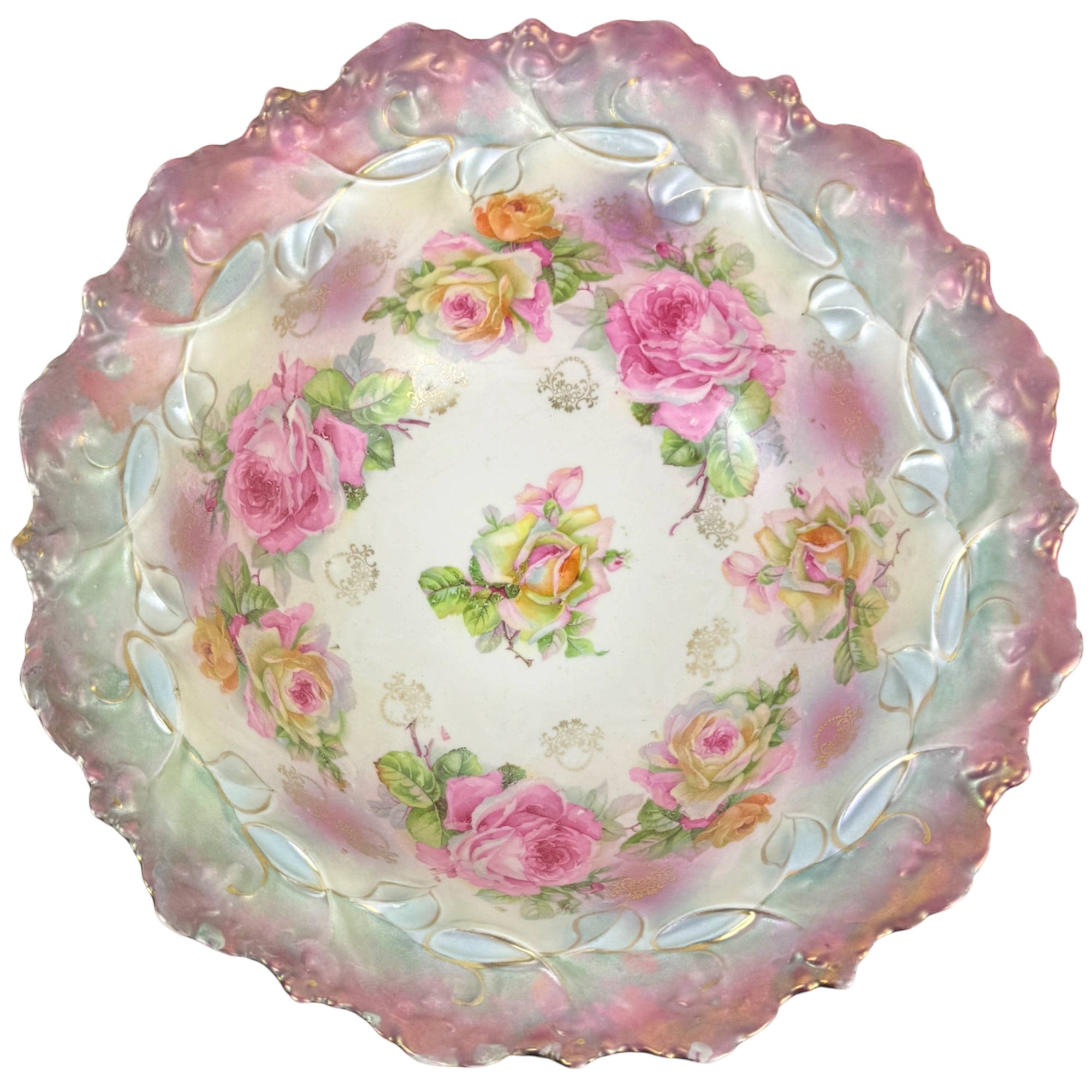 Antique Porcelain Bowl w Roses & Iridescence Germany c 1900