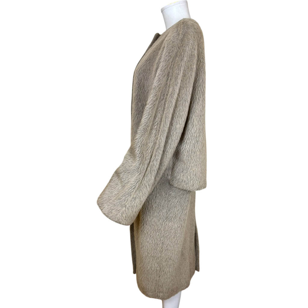 Side view of vintage Gianfranco Ferré taupe-grey alpaca coat showing long sleeves and relaxed silhouette