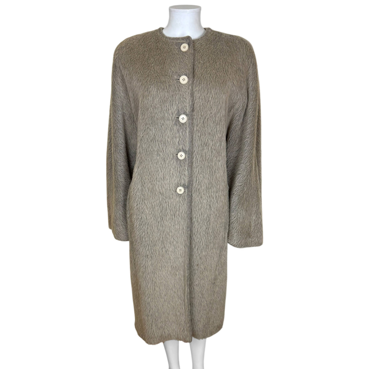 Vintage Gianfranco Ferré Agnona taupe-grey alpaca wool coat made in Italy, full front view
