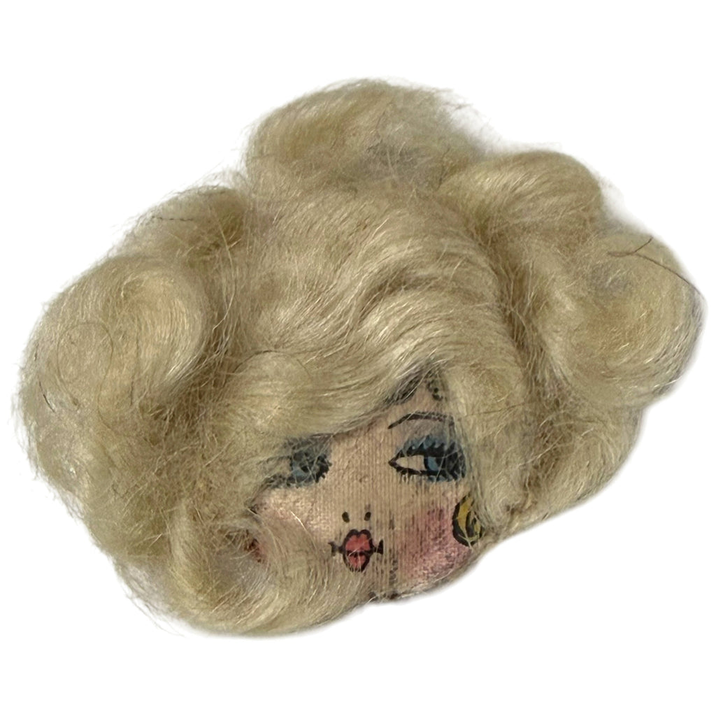 Antique 1930s Art Deco fabric lady face appliqué with blue eyes, red lips and elaborate blonde curled wig