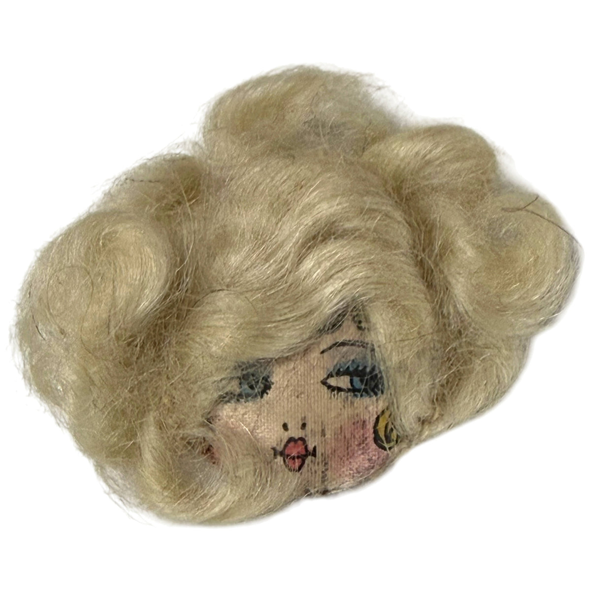 Antique 1930s Art Deco fabric lady face appliqué with blue eyes, red lips and elaborate blonde curled wig