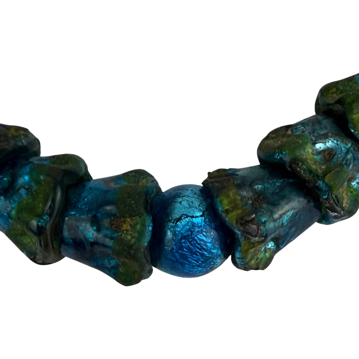 1920s Czech Peacock Eye iridescent glass bluebell beads close-up