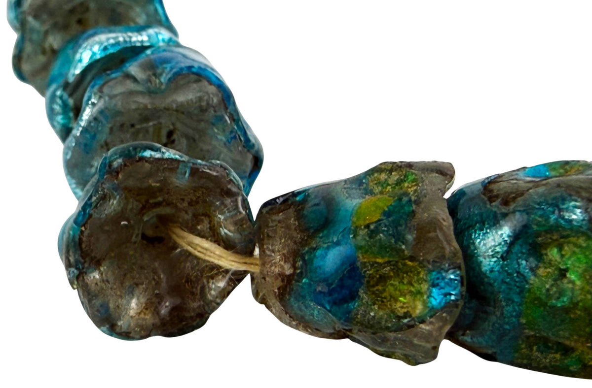 Art Deco Czech glass necklace showing graduated Peacock Eye bluebell beads