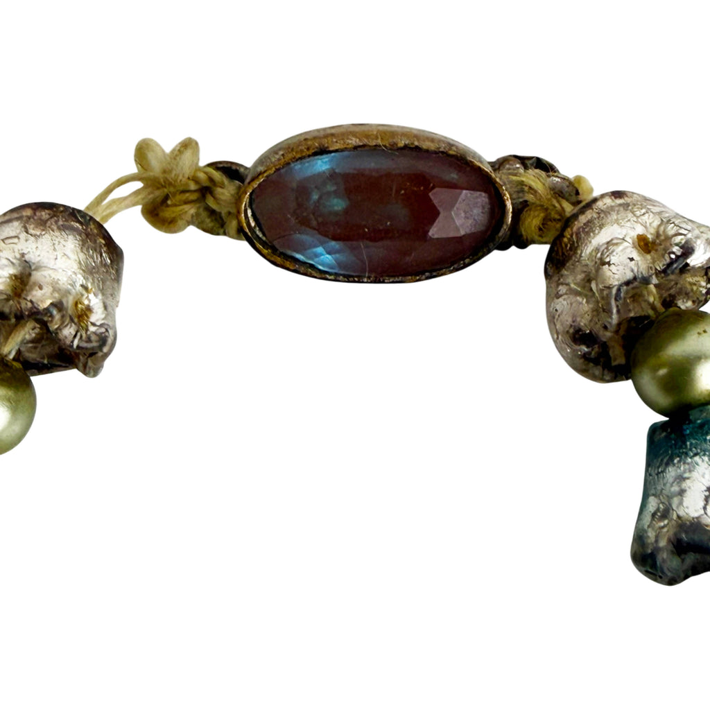 Saphiret glass stone clasp on 1920s Czech Peacock Eye bead necklace
