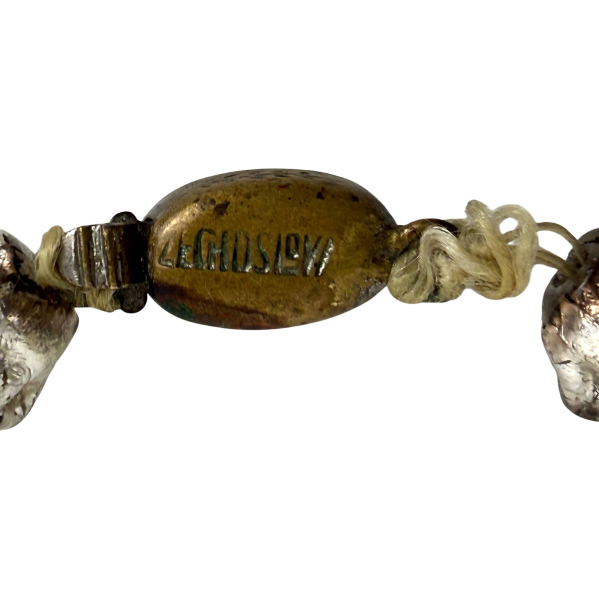 Partially marked brass clasp on Art Deco Czechoslovakian glass necklace