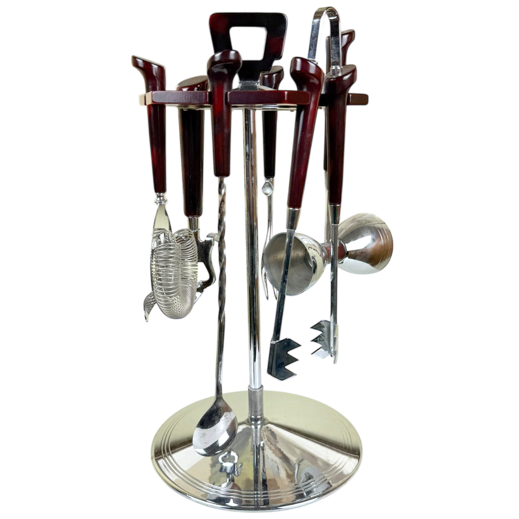 Mid Century Bar Tool Set w Stand Glo-Hill Barmates Red Bakelite & Chrome