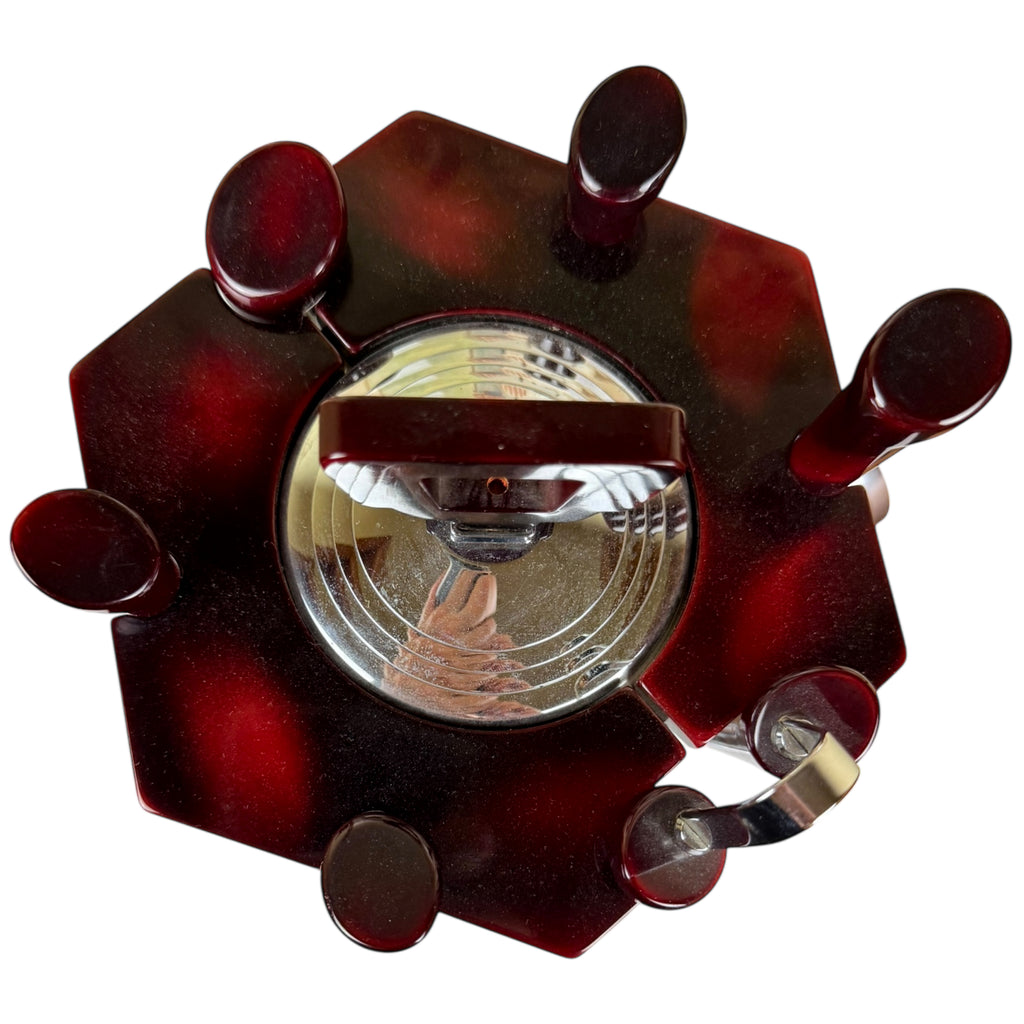 Mid Century Bar Tool Set w Stand Glo-Hill Barmates Red Bakelite & Chrome