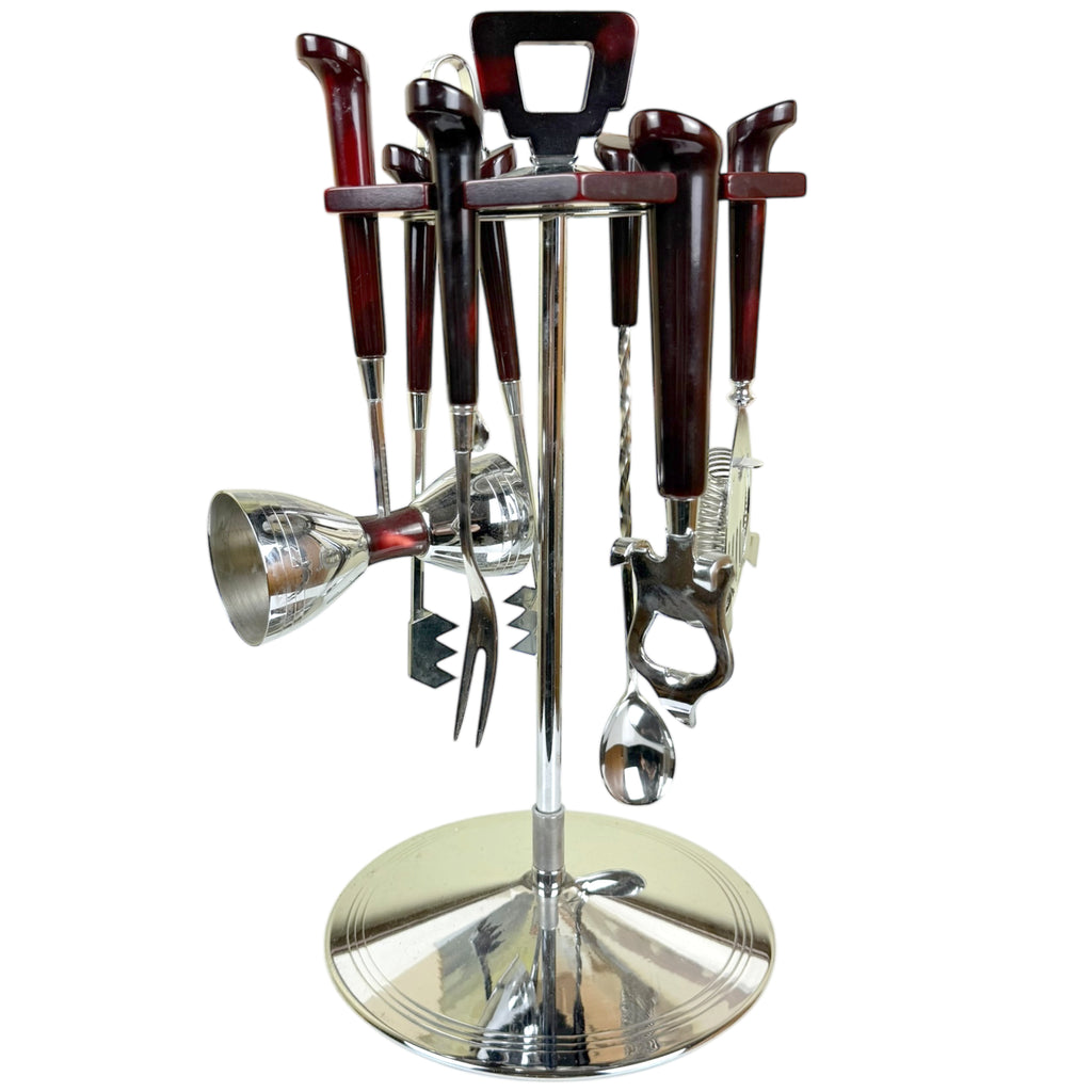 Mid Century Bar Tool Set w Stand Glo-Hill Barmates Red Bakelite & Chrome