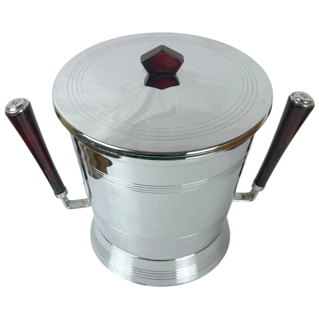 Mid-century chrome ice bucket with red Bakelite lid finial