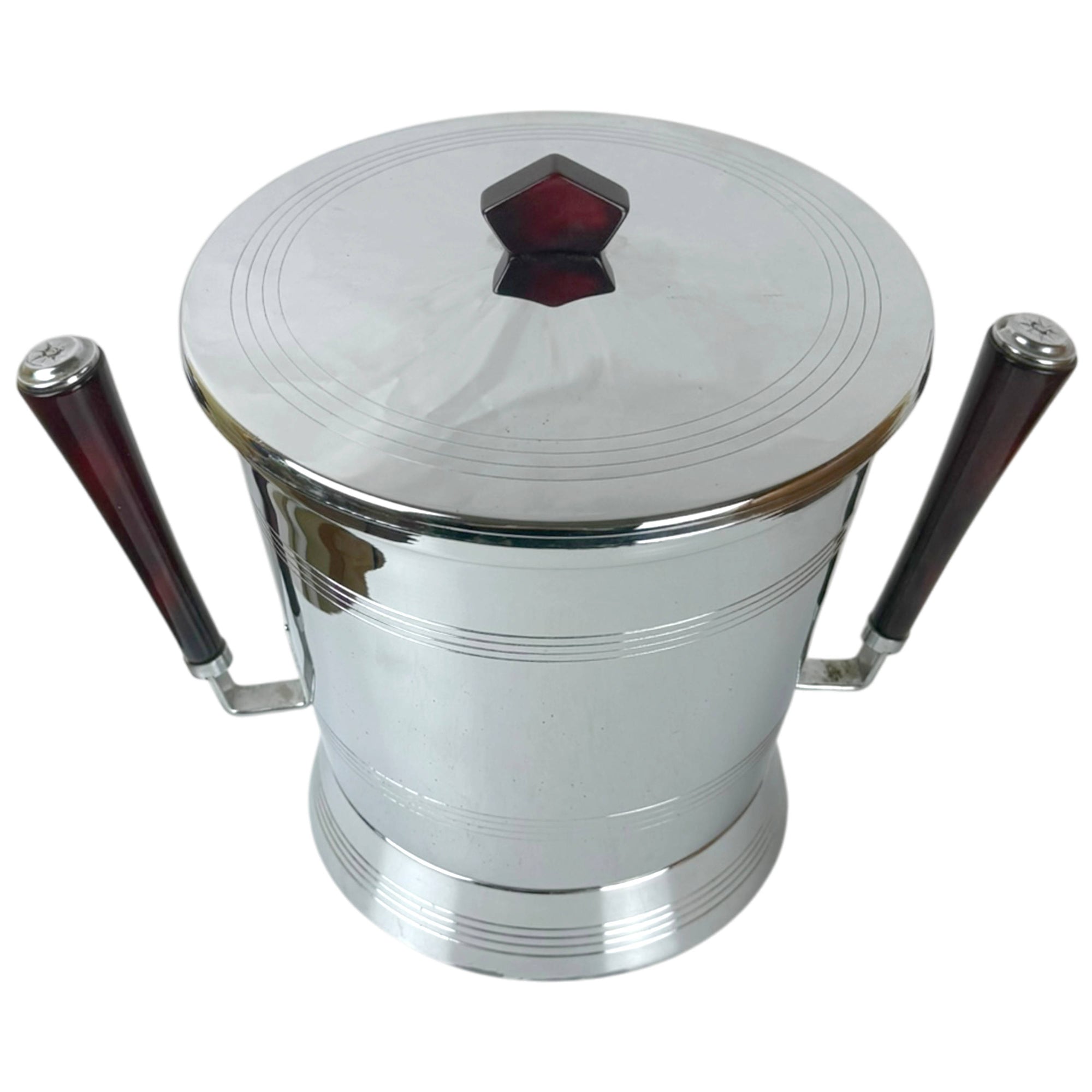 Mid-century chrome ice bucket with red Bakelite lid finial