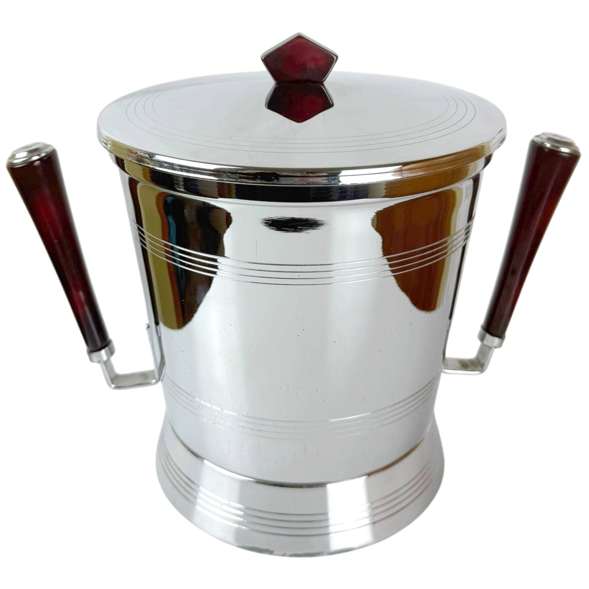 Vintage Glo-Hill chrome ice bucket with cherry red Bakelite handles