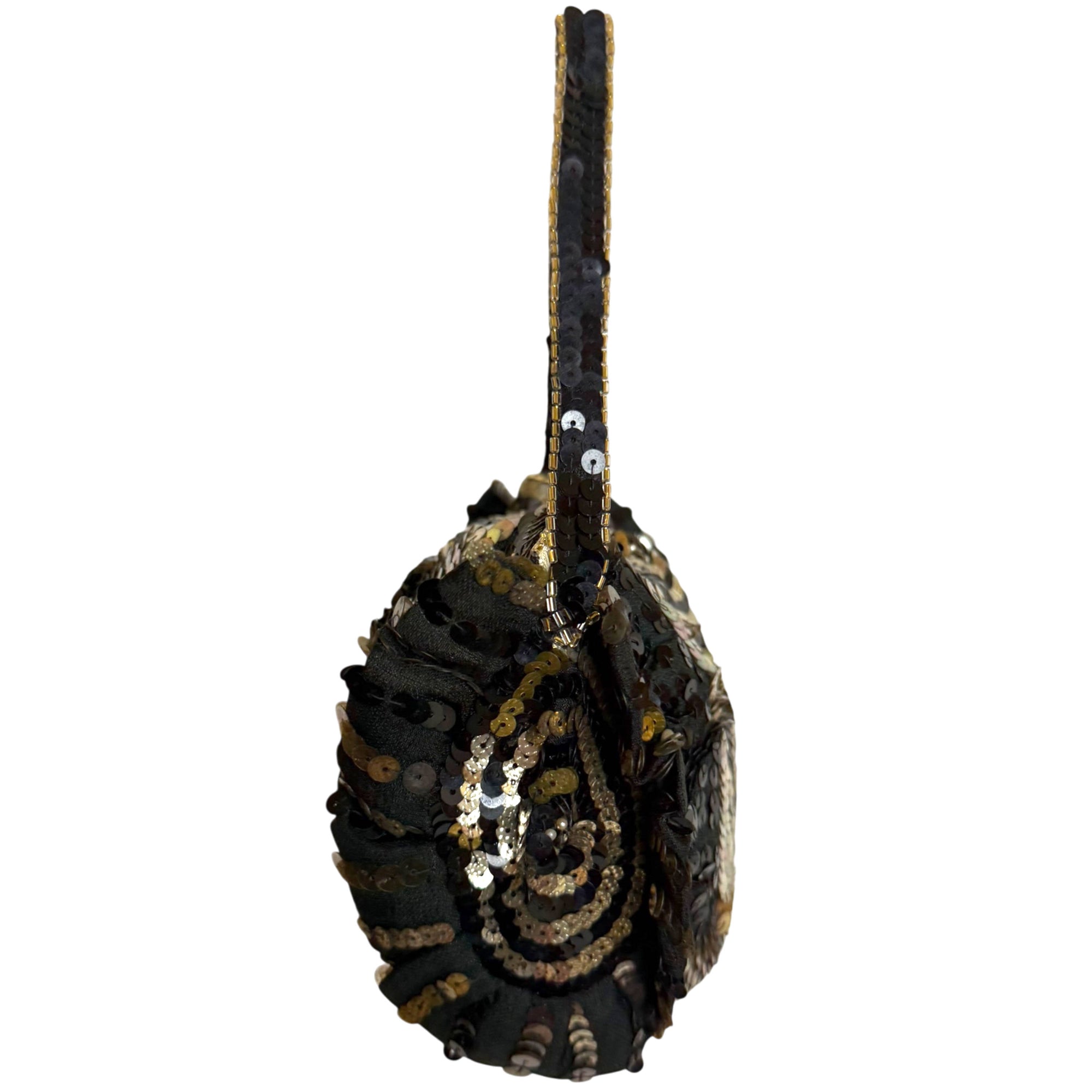 Side view of 1930s sequinned evening bag with flounced panels