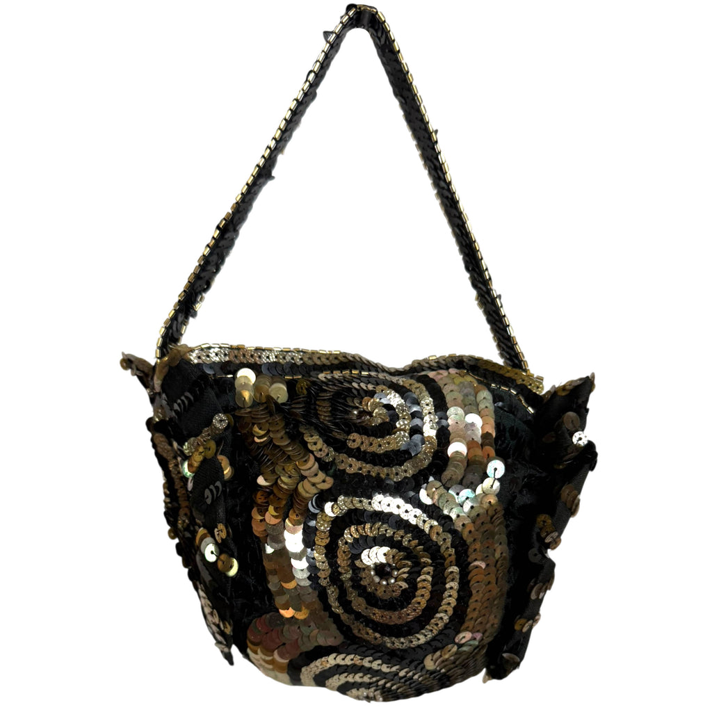 Vintage Belgian evening purse with black sequinned handle and gold bugle bead trim