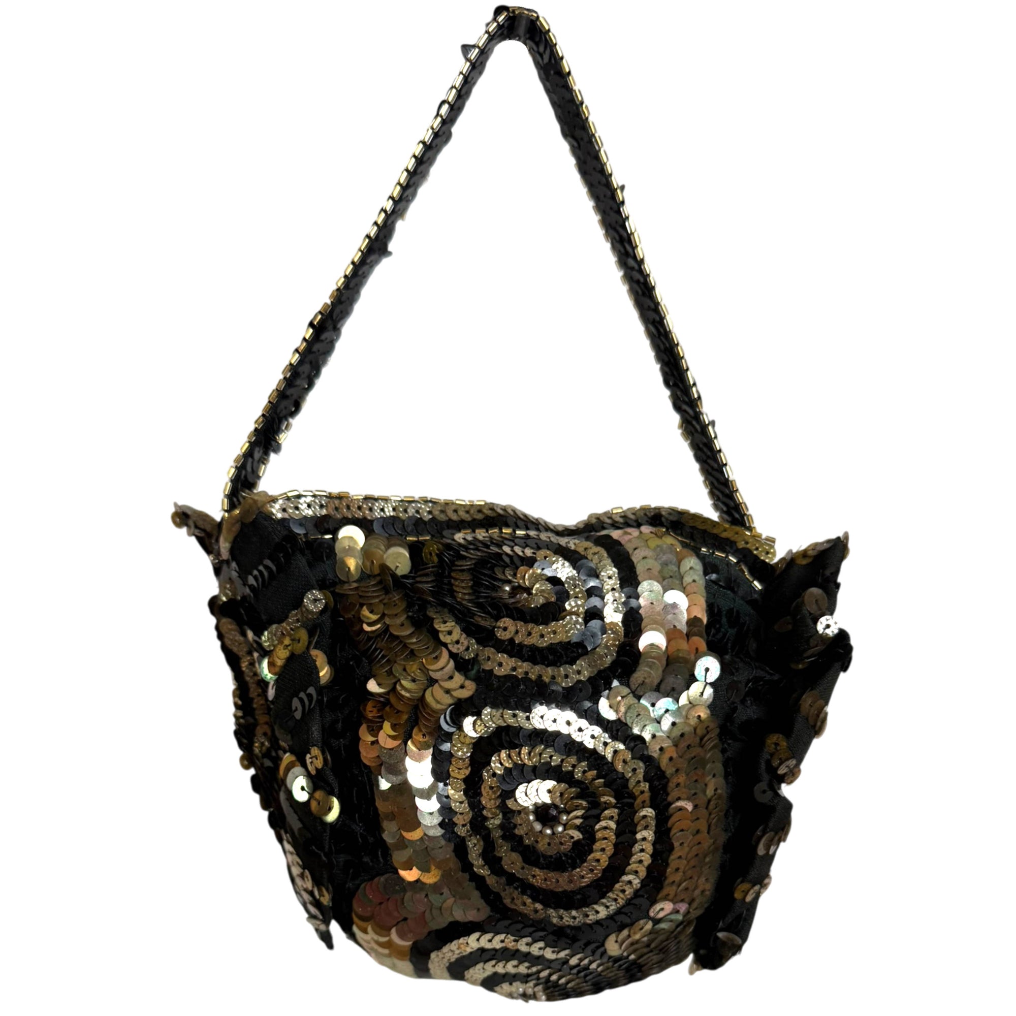 Vintage Belgian evening purse with black sequinned handle and gold bugle bead trim