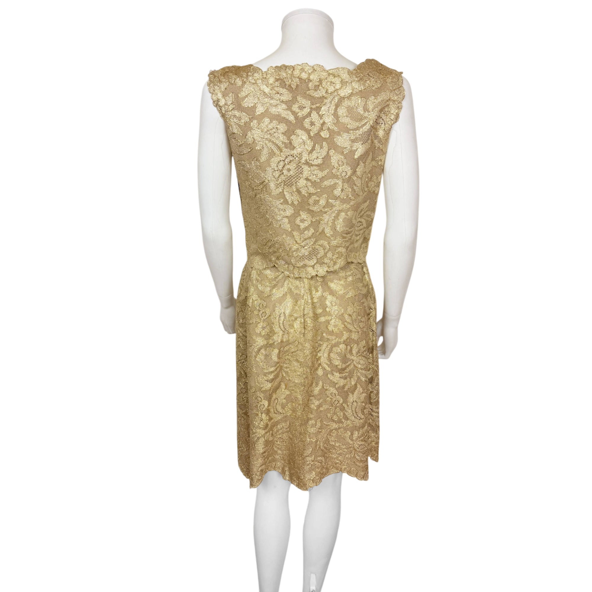 Vintage 1960s Gold Metallic Lace 2 Piece Dress Ensemble Top and Skirt