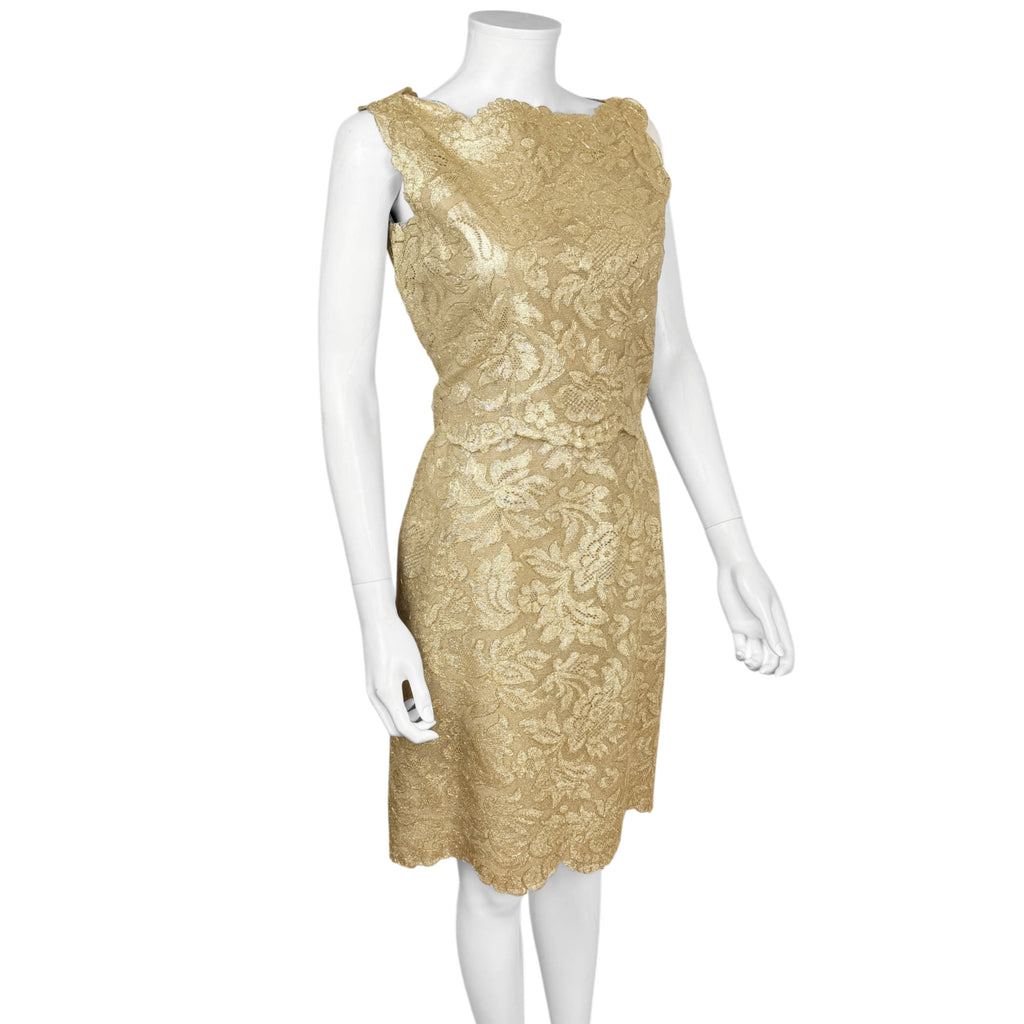 Vintage 1960s Gold Metallic Lace 2 Piece Dress Ensemble Top and Skirt