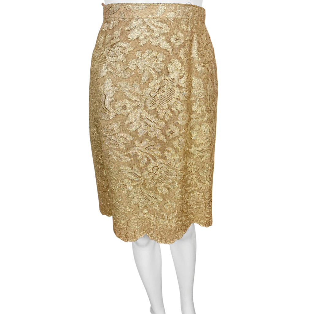 Vintage 1960s Gold Metallic Lace 2 Piece Dress Ensemble Top and Skirt