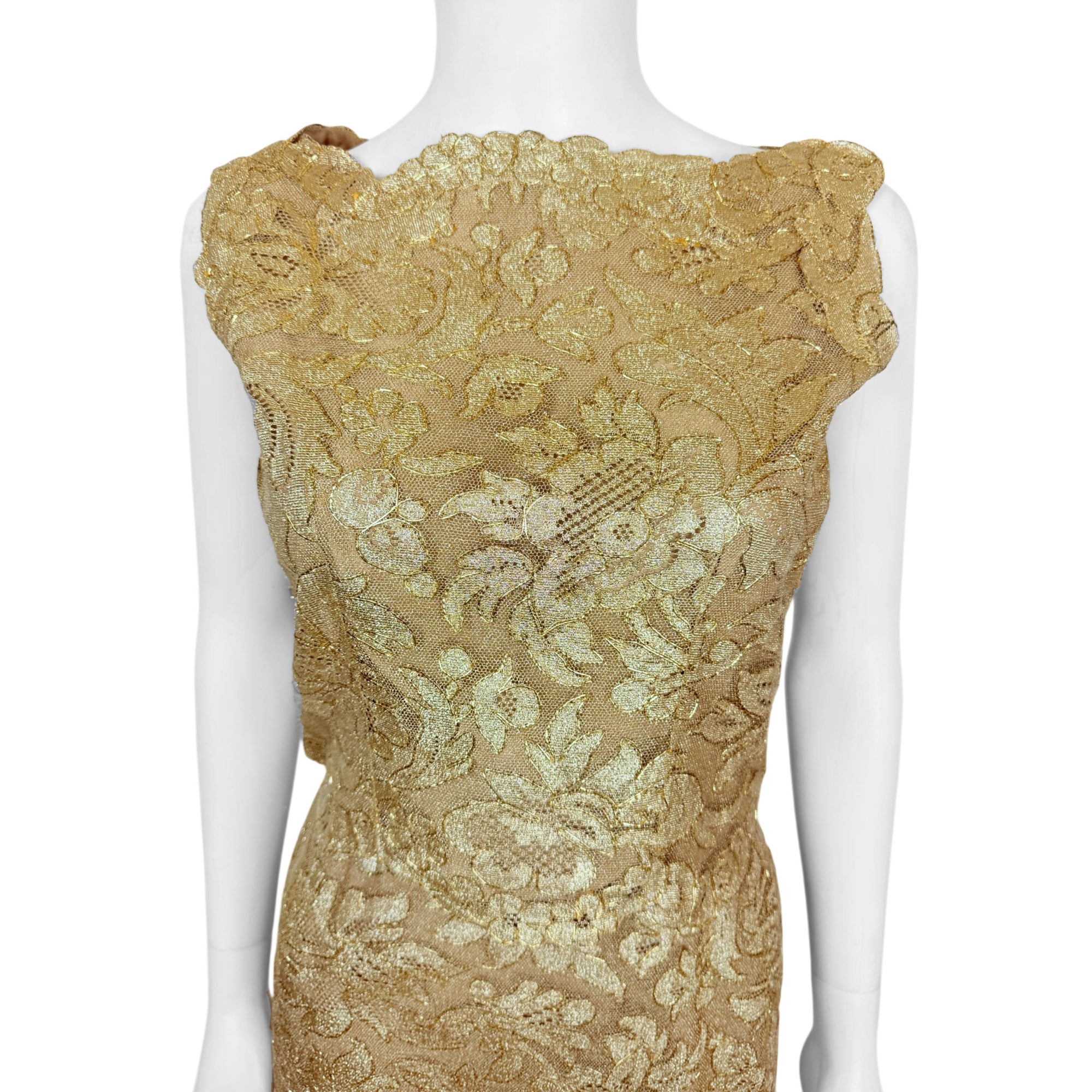 Vintage 1960s Gold Metallic Lace 2 Piece Dress Ensemble Top and Skirt