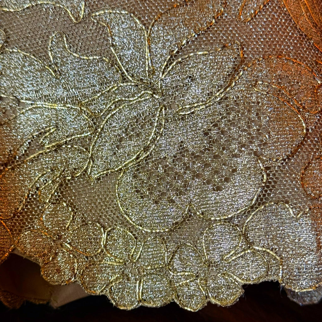 Vintage 1960s Gold Metallic Lace 2 Piece Dress Ensemble Top and Skirt