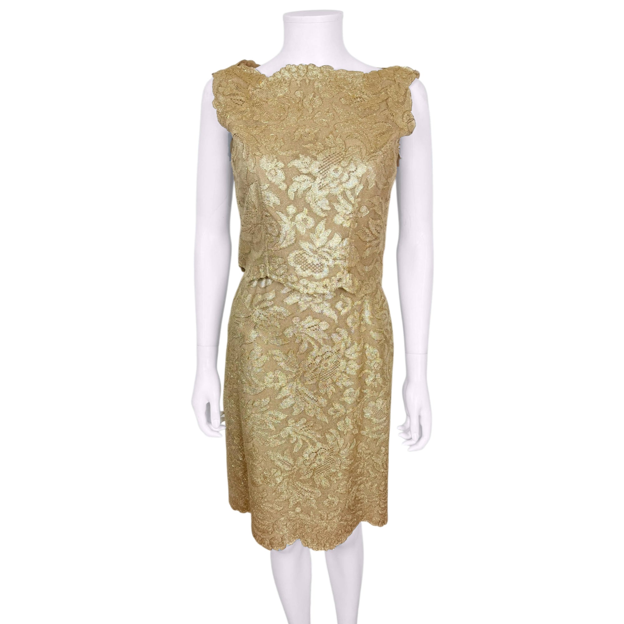 Vintage 1960s Gold Metallic Lace 2 Piece Dress Ensemble Top and Skirt