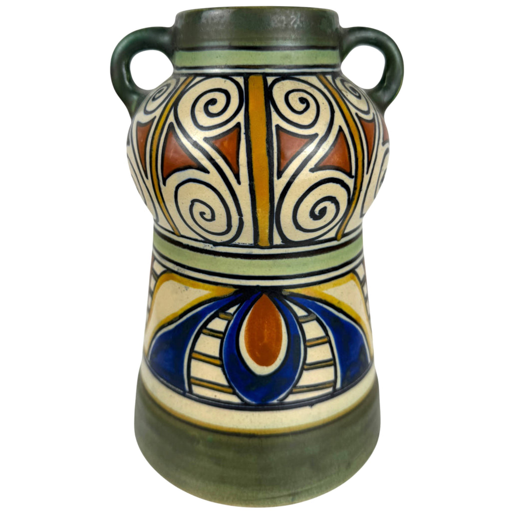 Antique Gouda Damascus Vase PZH Holland c. 1909 Art Nouveau Double Handle Hand Painted Pottery