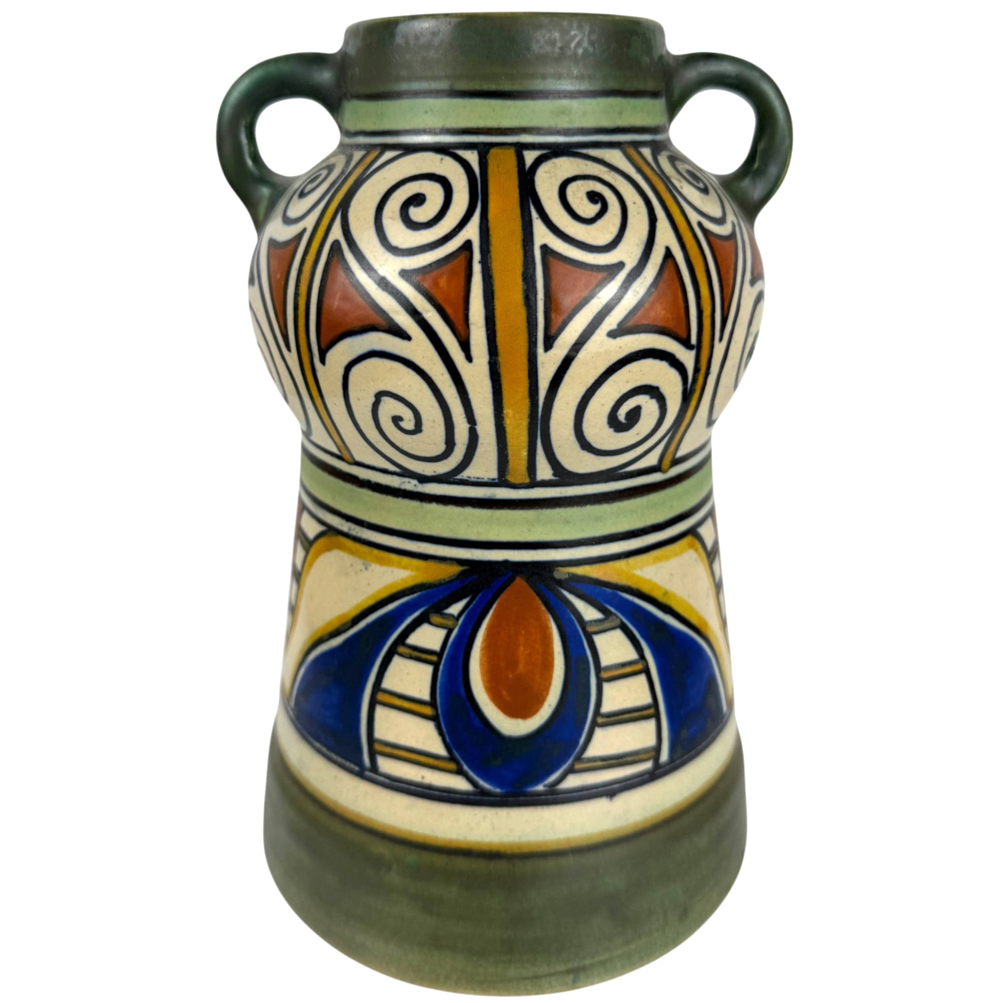 Antique Gouda Damascus Vase PZH Holland c. 1909 Art Nouveau Double Handle Hand Painted Pottery