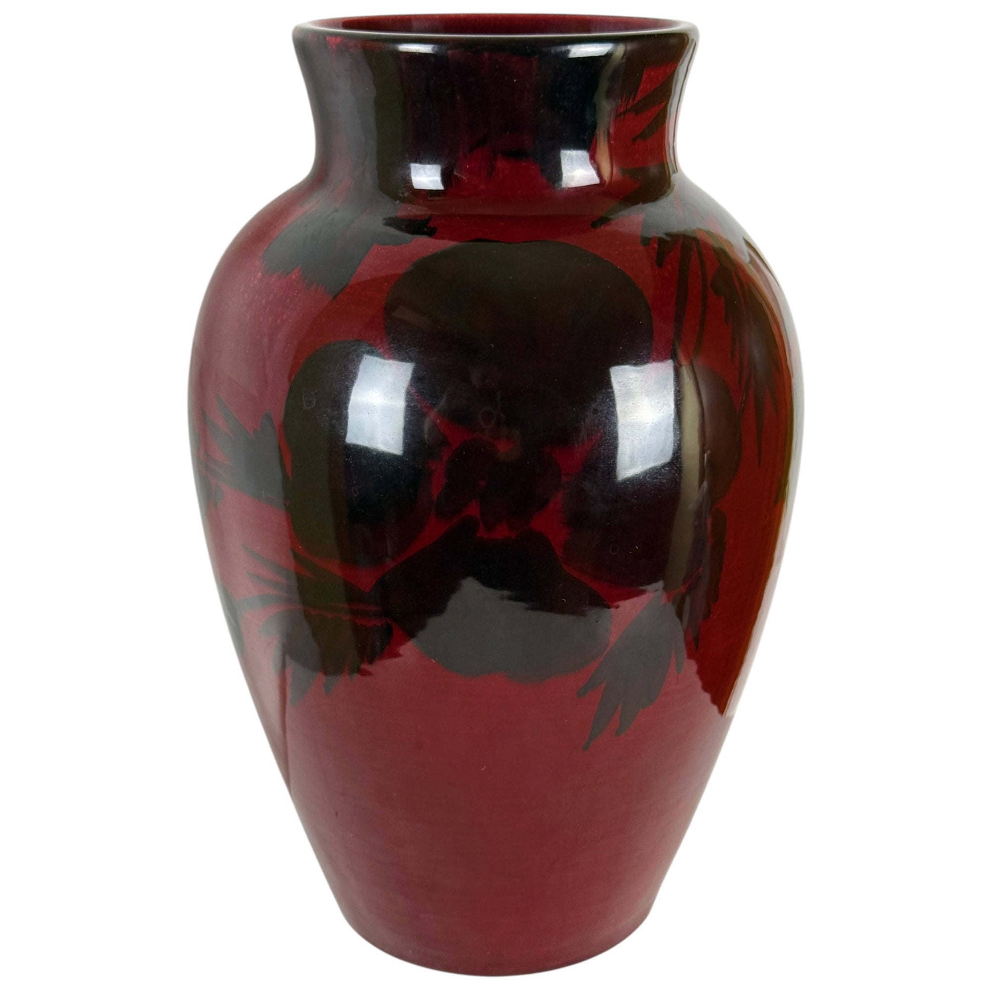 front view of St. Lukas Maarssen Oxblood Flambé Pottery Vase
