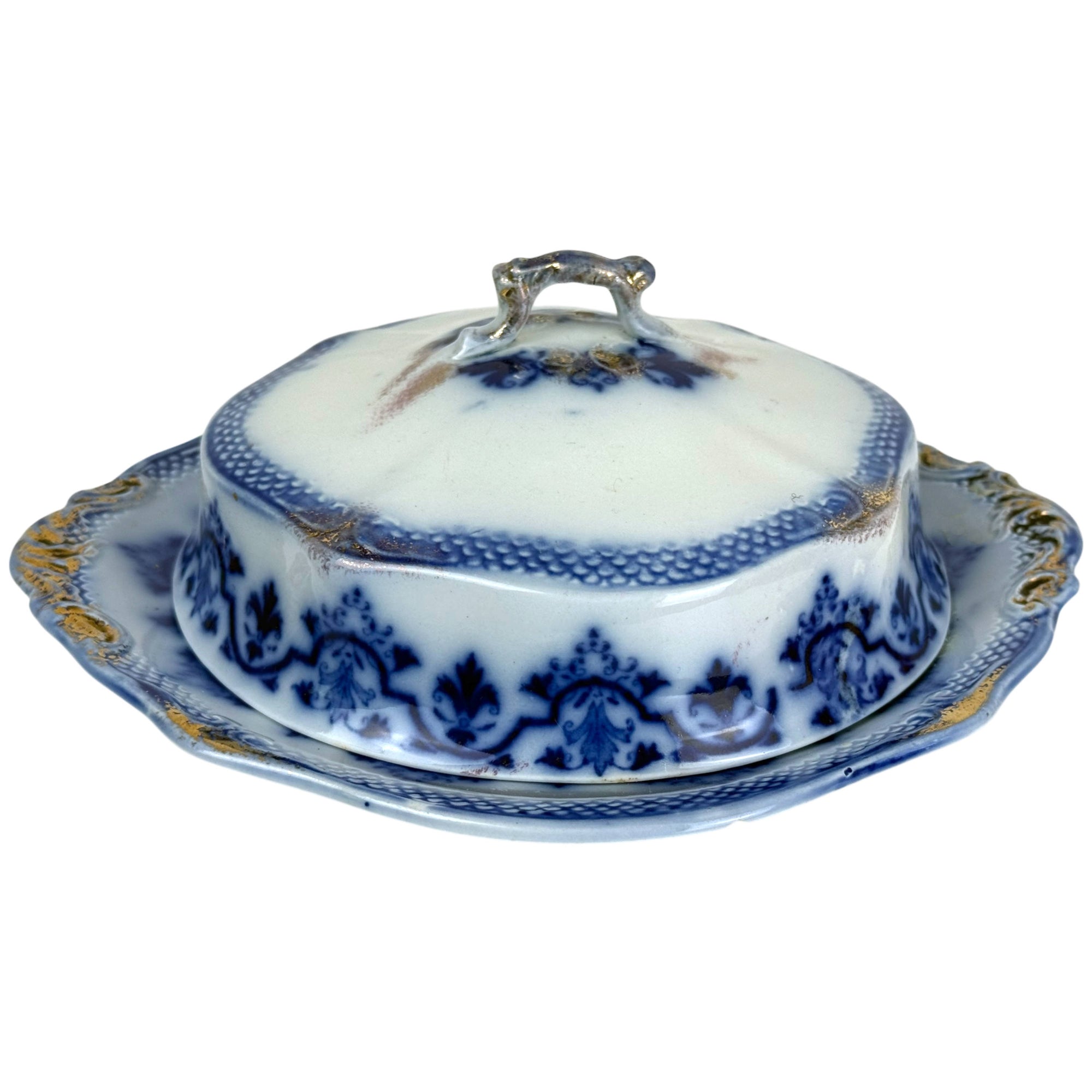 Antique W.H. Grindley Celtic flow blue butter dish