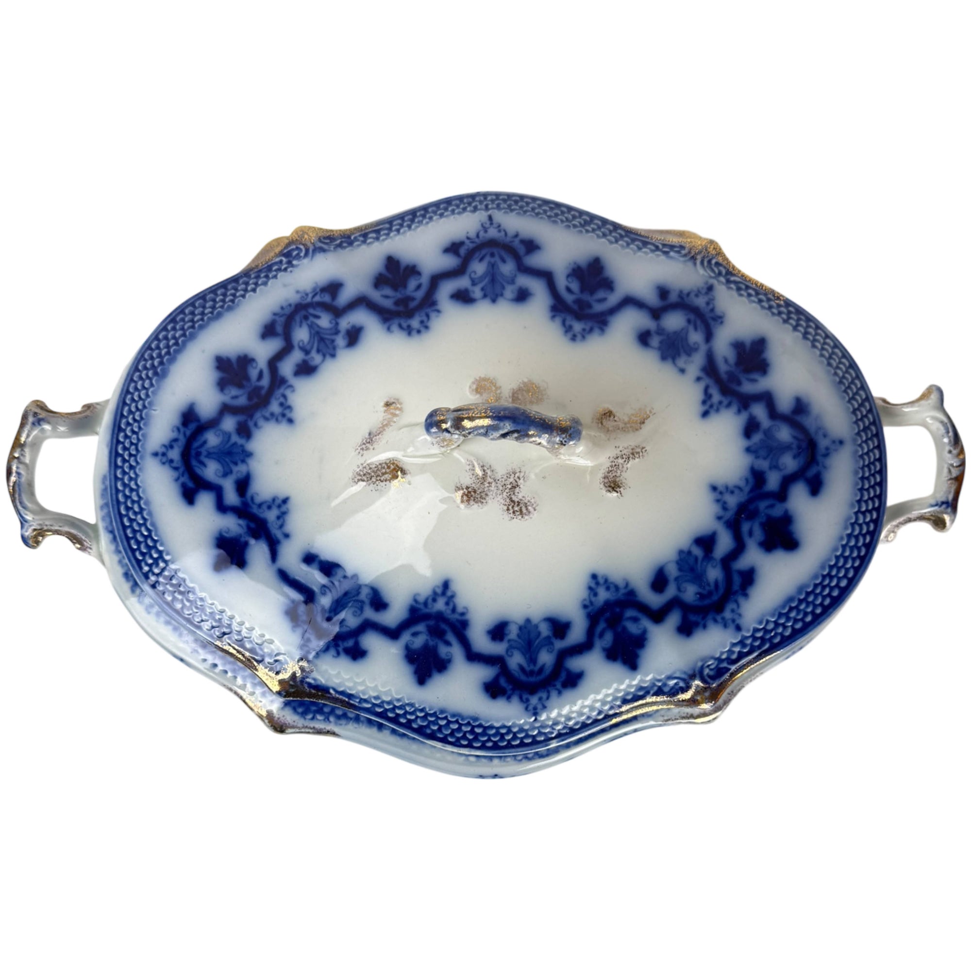 English flow blue transferware vegetable casserole with lid