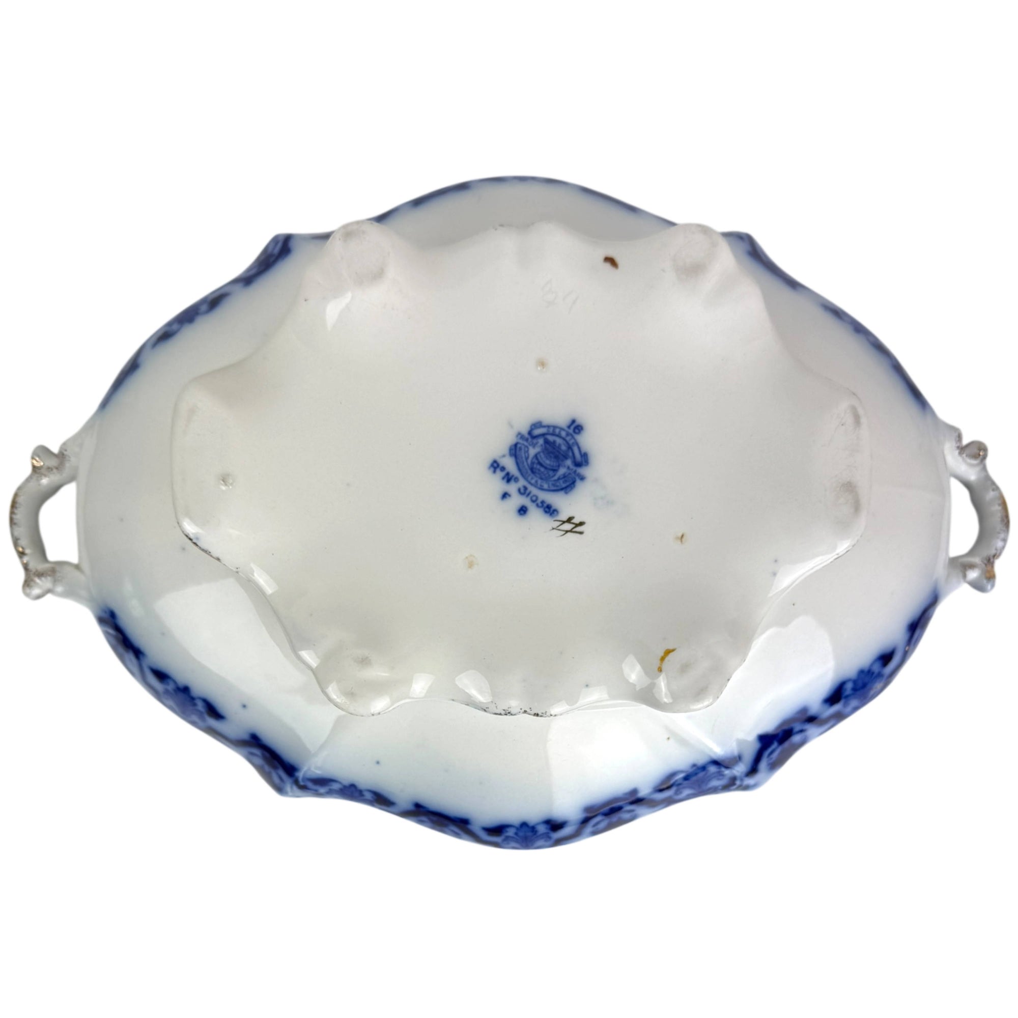 underside of wh grindley celtic flow blue casserole